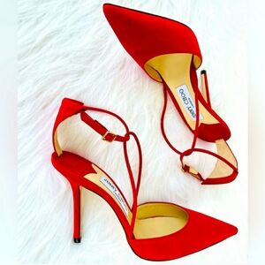 New! Jimmy Choo RED Suede w/ Ankle Strap D'orsay Stiletto Heels with Pointy Toe